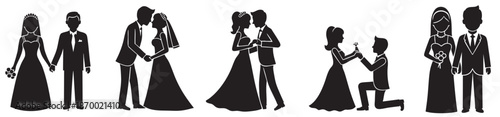 A collection of black silhouette icons depicts various wedding scenarios, showcasing couples in celebratory and romantic moments, ideal for invitations and design.