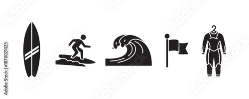A clean, vector collection of black surfing icons against a white background, including a surfboard, surfer, wave, flag, and wetsuit. Ideal for web, print, and design projects.