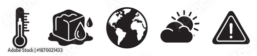 A collection of black icons illustrating climate change concepts including a thermometer, melting ice, the Earth, sun and clouds, and a warning sign.