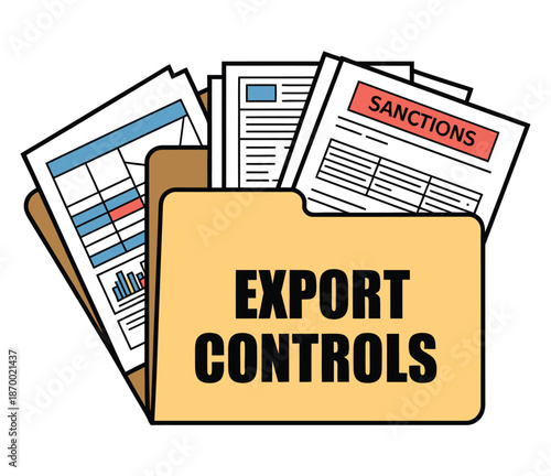 Folder overflowing with documents shows export controls and sanctions.