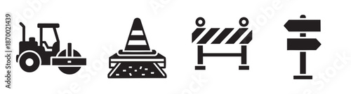 Collection of black vector icons representing road construction and maintenance elements including a steamroller, traffic cone, barrier, and directional sign.