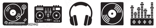 A collection of black and white graphic icons representing DJ equipment including turntables, mixer, headphones, and equalizer, perfect for music or audio related concepts.