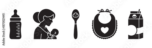 A collection of black silhouette icons representing baby care items including a bottle, mother feeding baby, spoon, bib, and milk carton.