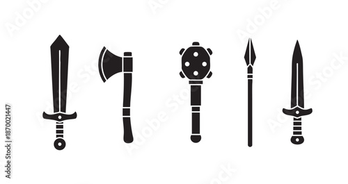 A collection of simple black silhouette icons featuring medieval weapons including a sword, axe, mace, and spear against a white background, ideal for design or gaming.