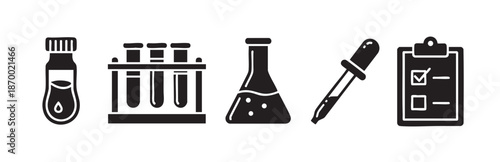 Collection of black and white icons representing scientific equipment and procedures including test tubes, beakers, pipettes, and a checklist for research or medical concepts.