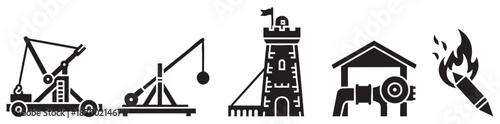 A collection of five black icons representing historical siege weapons and projectiles, including a catapult, trebuchet, siege tower, cannon, and fire arrow on a white background.