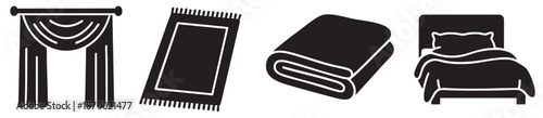 A set of stylized black icons representing home interior elements, including curtains, a rug, folded blanket, and a bed, ideal for interior design concepts.