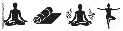 A collection of minimalist black silhouette icons depicts various yoga poses, including meditation, balance, and a rolled yoga mat on a clean white background.