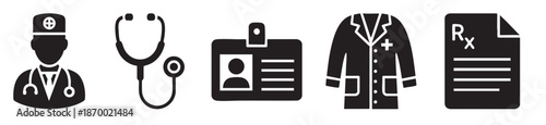 A collection of black vector icons representing medical professionals and their essential tools, including a doctor, stethoscope, ID badge, lab coat, and prescription.