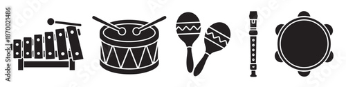 A graphic illustration featuring a collection of black silhouette musical instruments commonly used by children, perfect for educational and playful content.