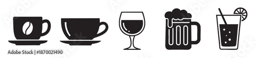 A graphic illustration displays a collection of simple black icons representing various beverages including coffee, wine, beer, and a cocktail drink.