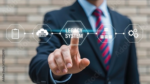 Businessman interacting with legacy system interface for modernization