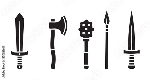 A collection of five stylized black icons representing medieval weapons, including swords, an axe, a mace, and a spear, set against a clean white background.