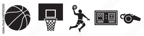 A graphic set of black icons representing basketball essentials, including a ball, hoop, player, scoreboard, and whistle, ideal for sports or game-related designs.
