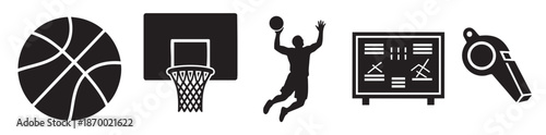Collection of black silhouette icons depicting basketball elements including a ball, hoop, player, playbook, and whistle for sports strategy and equipment concepts.
