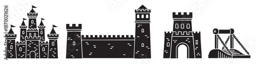 A collection of black silhouette icons representing different elements of a castle, including towers, walls, and a drawbridge, perfect for fantasy or historical designs.