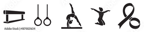 A graphic design featuring silhouettes of gymnastics equipment like pommel horse and rings, alongside athletes in dynamic poses and a ribbon, symbolizing sport and movement.