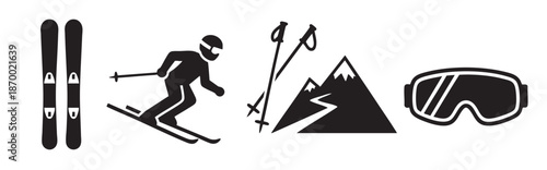 Collection of black silhouette icons representing skiing, including skis, poles, a skier, mountains, and goggles, perfect for winter sports and outdoor adventure themes.