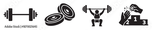 A collection of black silhouette icons representing weightlifting, sports, and competition, including a dumbbell, weight plates, a weightlifter, and a winner's podium.