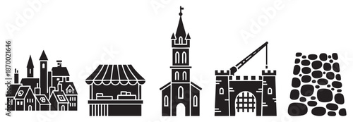 A collection of black silhouette icons representing elements of a medieval city, including buildings, a market stall, a church, a castle gate, and a stone wall pattern.