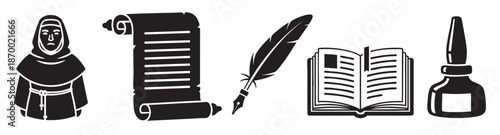 A set of black graphic icons depicting items related to medieval writing, including a monk, scroll, quill, open book, and inkwell.