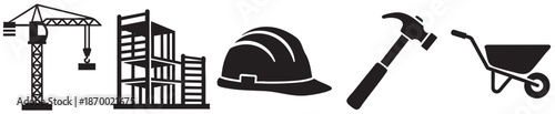 A collection of black silhouette icons representing essential construction elements including a crane, scaffolding, hard hat, hammer, and wheelbarrow, perfect for design projects related to building a