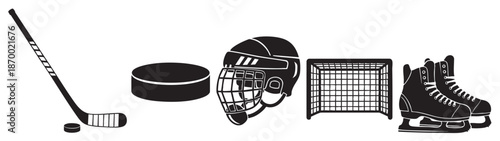 A collection of black silhouette icons representing essential ice hockey gear including a stick, puck, helmet, net, and skates, isolated on a clean white background.