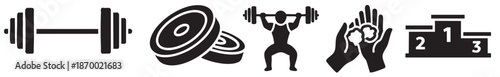 A collection of minimalist black icons representing weightlifting, exercise, and competition including dumbbells, weight plates, a lifter, chalked hands, and a winner's podium.