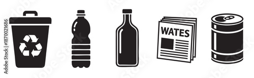 Simple vector illustration of common recyclable waste items including a trash can with recycling symbol, plastic bottle, glass bottle, newspaper, and can.