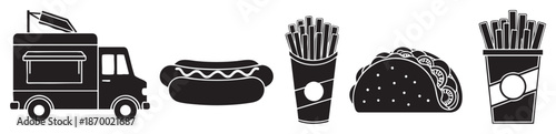 A stylized black and white illustration featuring a food truck and a selection of popular fast food items including a hot dog, french fries, and tacos, ideal for graphic design and branding.