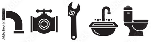 A collection of simple black icons representing plumbing equipment including a pipe elbow, valve, adjustable wrench, faucet, and toilet, isolated on a white background.