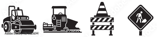 A graphic illustration featuring silhouettes of construction equipment, road barrier, and a warning sign, perfect for design projects related to building and infrastructure.