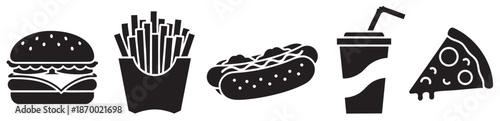 Collection of minimalist black icons representing popular fast food items including a burger, french fries, hotdog, soda cup with straw, and a slice of pizza.