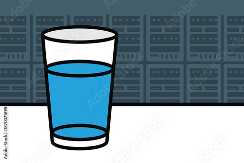 Glass of water sits before a background of server racks representing.