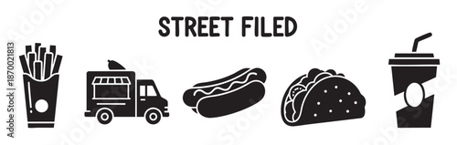 A collection of black and white graphic icons representing common street food items and a food truck, perfect for menus, signage, or web design.