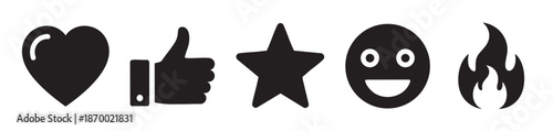 A black and white graphic featuring five distinct icons: a heart, a thumbs up, a star, a smiley face, and a flame, presented on a clean white background.