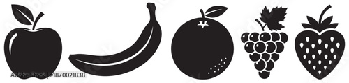 A clean, minimalist graphic features five distinct black fruit silhouettes against a white background, ideal for healthy eating or design projects.