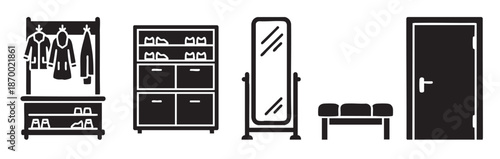 A minimalist black and white icon set depicts furniture typically found in an entryway, including a coat rack, shoe cabinet, full length mirror, bench, and door.