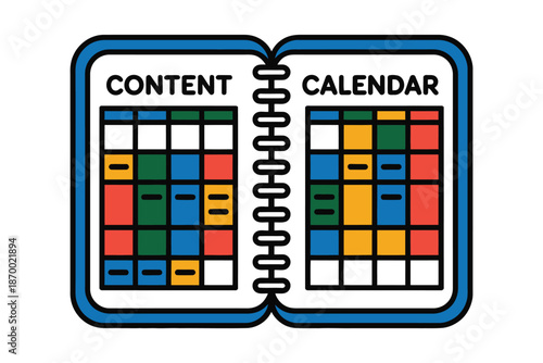 Open spiral notebook displays colorful grids for content calendar.
