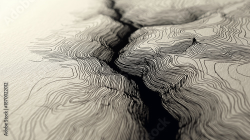 Topographic map with contour lines showing terrain elevation and silhouette of hiker, black and white cartography concept