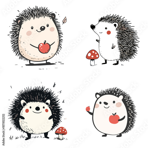 Set of 4 icons of cute hedgehogs playfully holding apples or mushrooms