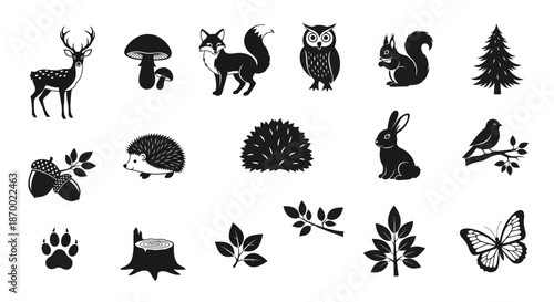 Collection of black and white silhouette icons representing various woodland creatures and natural forest elements