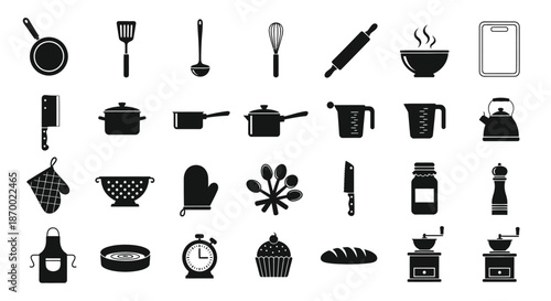 Collection of black silhouette icons representing essential cooking utensils and baking tools for kitchen design.