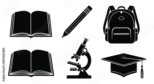 Collection of black and white educational icons representing learning concepts for academic design projects