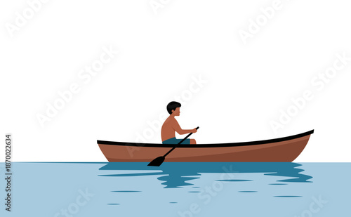 Man rowing small boat solo – peaceful lake solitude illustration
