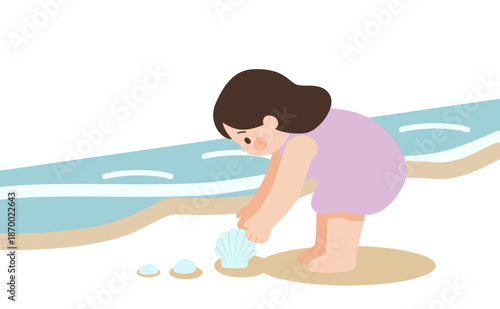 Girl collecting seashells on beach – summer shore exploration illustration