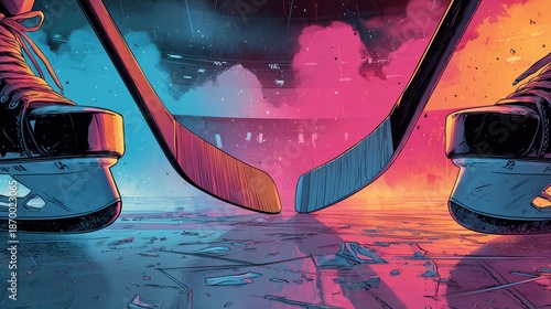 Stylized low-angle illustration of ice hockey skates and sticks facing off with vibrant blue and pink neon lighting, Heated Rivalry
