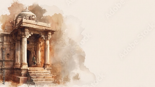 Ancient Indian Temple Architecture in Warm Watercolor Illustration