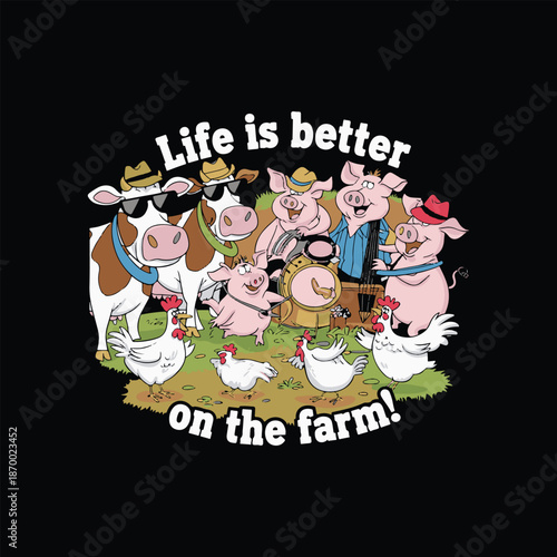 Farm Animals Band Playing Music and Dancing with Sunglasses on Black Background, Funny Vector Illustration