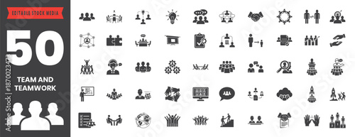 Filled Teamwork and Team Icons Set Featuring Group Work, Cooperation, Leadership, Communication, Collaboration, Strategy, Office, Business, Editable Vector File for Corporate Use